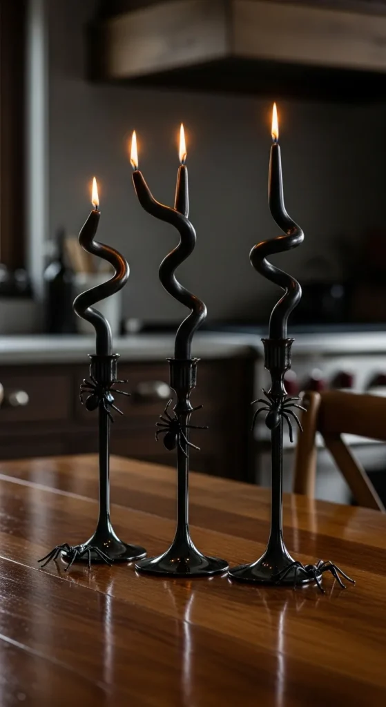 Bent and warped black and white taper candles in candlesticks for gothic Halloween table decor.
