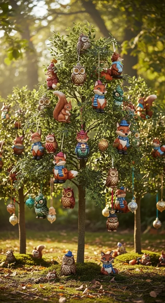 Whimsical forest creatures Christmas tree decorations featuring playful fox and owl ornaments in a "mini-forest" cluster.