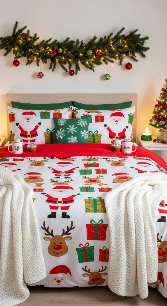Whimsical Santa and reindeer Christmas bedding set in cheerful holiday bedroom.