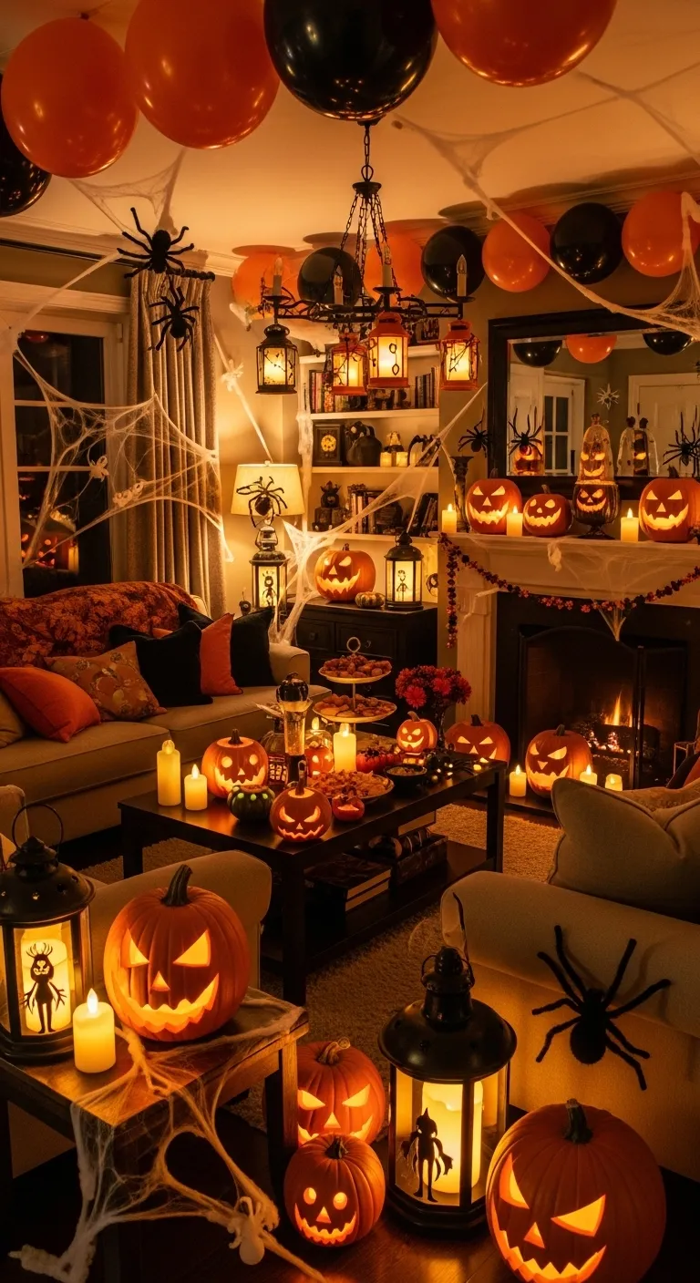 Cozy living room decorated for a Halloween party with pumpkins, flickering candles, spider webs, and orange and black balloon garlands creating a spooky yet inviting home atmosphere.