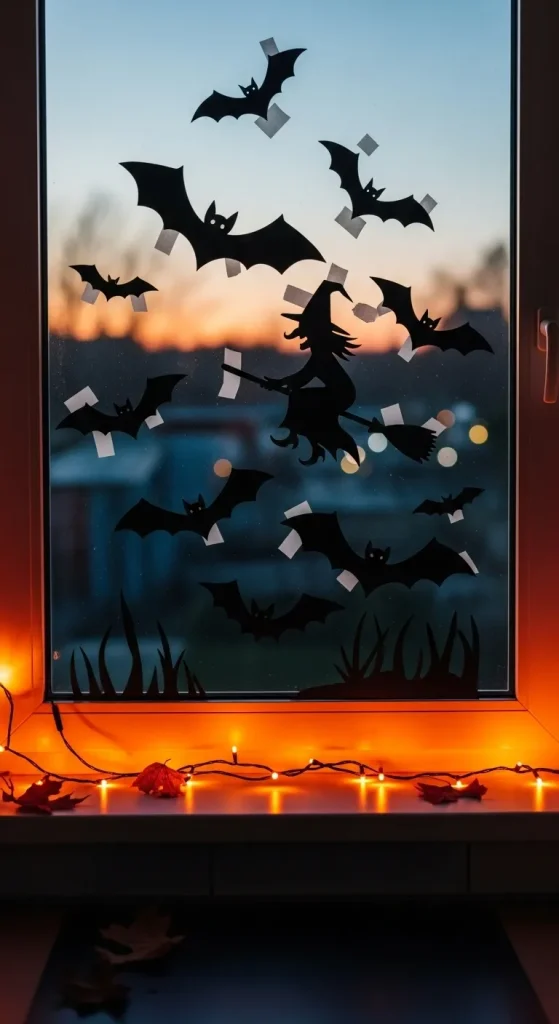 Halloween window silhouettes of bats and witches with backlighting for spooky indoor and outdoor visibility.