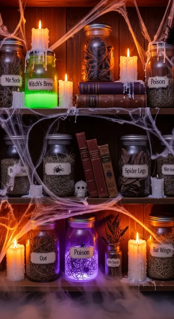 Halloween witch’s apothecary jar collection with potion bottles, candles, and spooky labels styled on a rustic kitchen shelf.