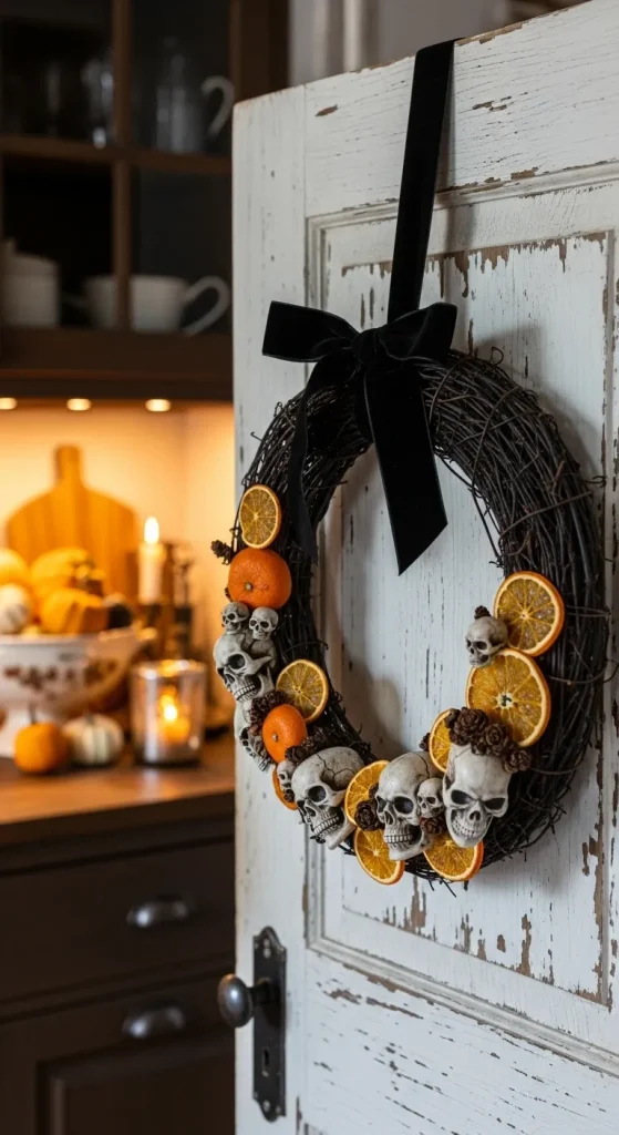 Witchy Halloween wreath with black ribbon and dried oranges on a pantry door.