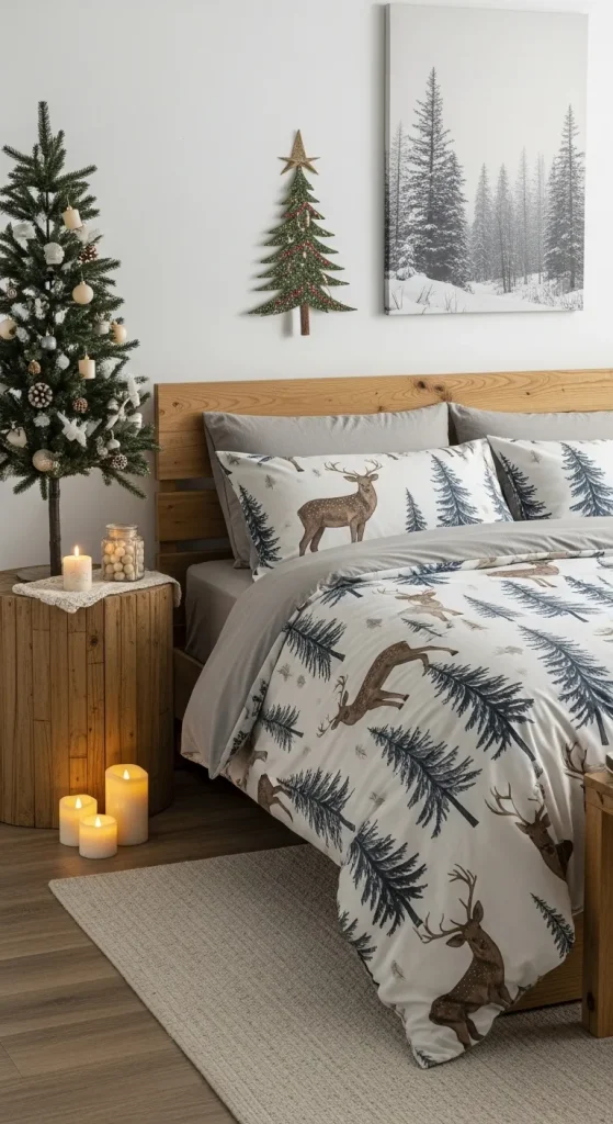 “Woodland-themed Christmas bedding with reindeer prints and rustic natural tones.