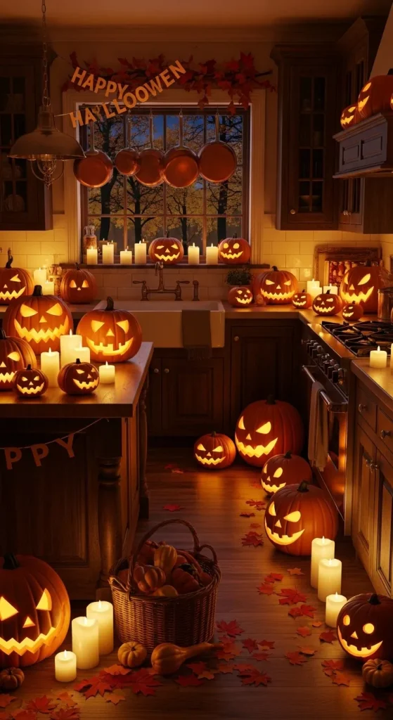 Warm Halloween kitchen with glowing pumpkins and candles creating a cozy haunted haven atmosphere.