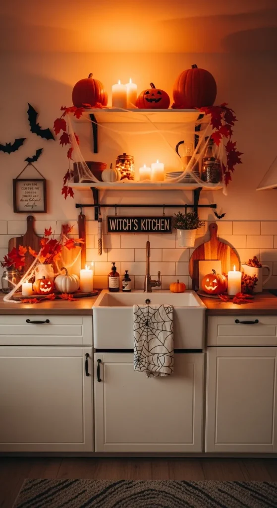 Festive Halloween kitchen with decorated cabinets and cozy autumn feel.
