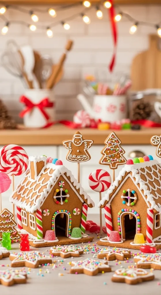 Cute Christmas wallpaper with colorful gingerbread houses, candy details, and frosting designs for a playful holiday touch.