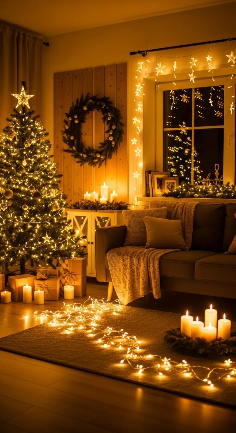 Cozy Christmas living room decorated with glowing fairy lights and festive tree creating a warm, sparkling holiday atmosphere.