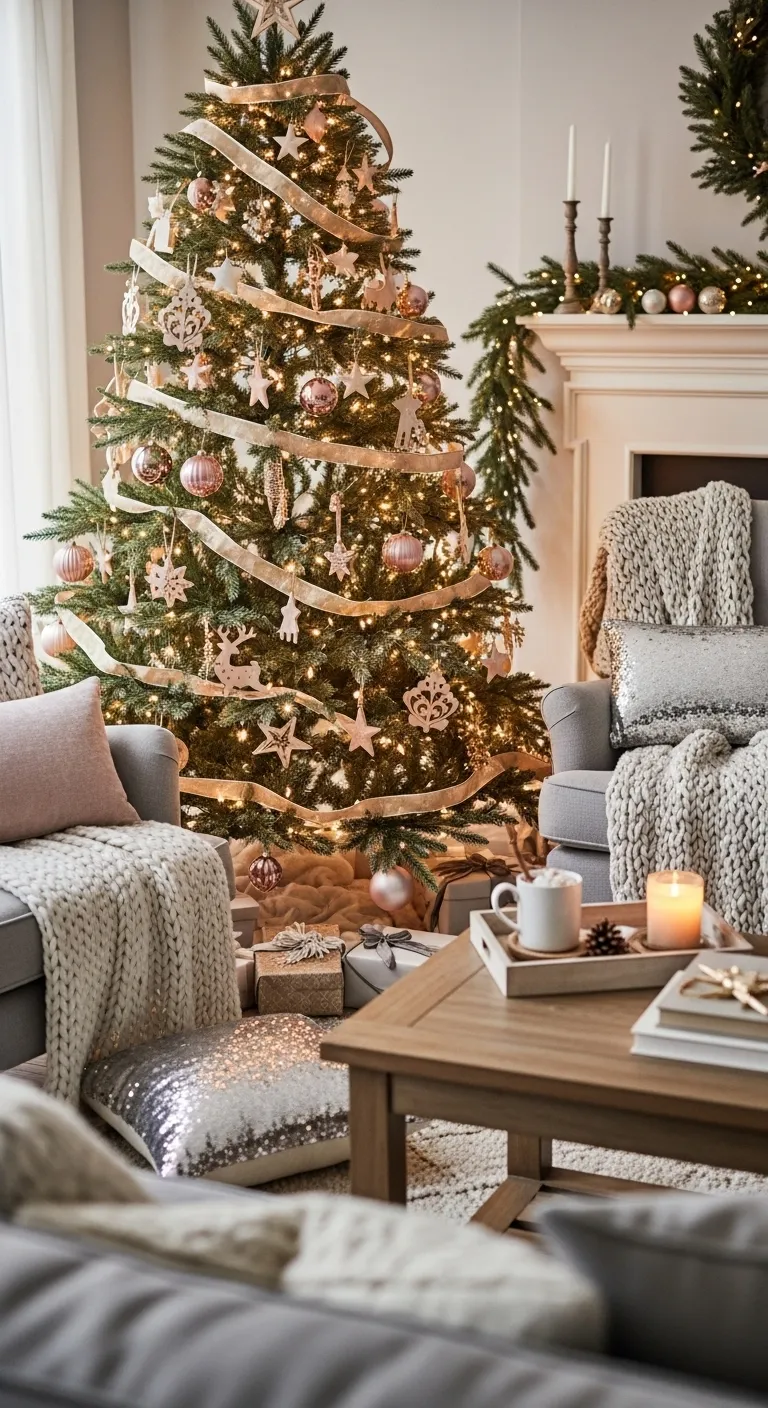 Stunning Christmas tree decorated in 2025 trends featuring blush, gold, and natural elements — cozy, elegant living room holiday scene.