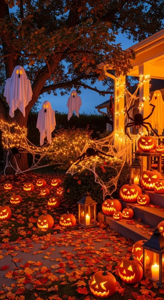 Cozy outdoor Halloween decorations featuring glowing pumpkins, ghosts, and a spooky decorated porch at dusk