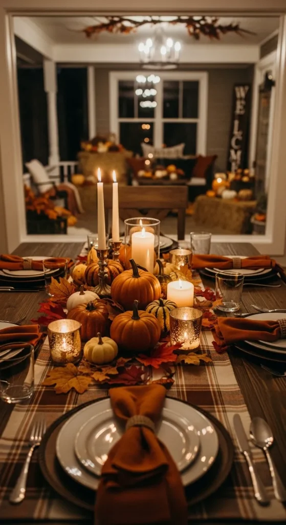 Beautifully decorated living room with pumpkins, candles, and fall leaves creating a warm and inviting Thanksgiving atmosphere on a budget.