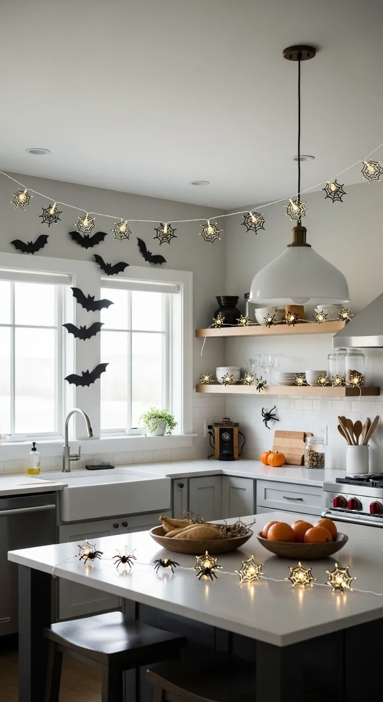 Cozy Halloween kitchen decorated with pumpkins, candles, spiderwebs, and autumn touches in warm orange and black tones.