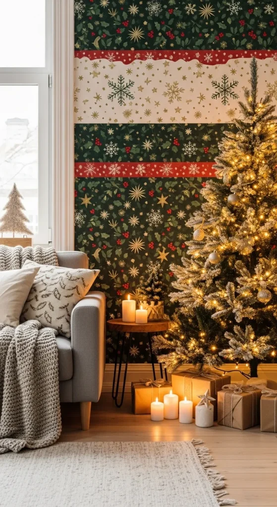 Cozy modern living room featuring 2025 Christmas wallpaper trends — elegant snowflake and holly prints, glowing fairy lights, Christmas tree décor, candles, and festive home styling inspiration for a warm and inviting holiday vibe.