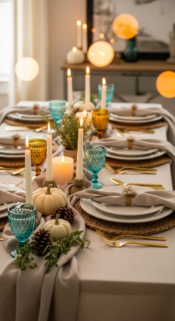 “Elegant Thanksgiving table setting with candles, pumpkins, and cozy layered textures on a budget.”
