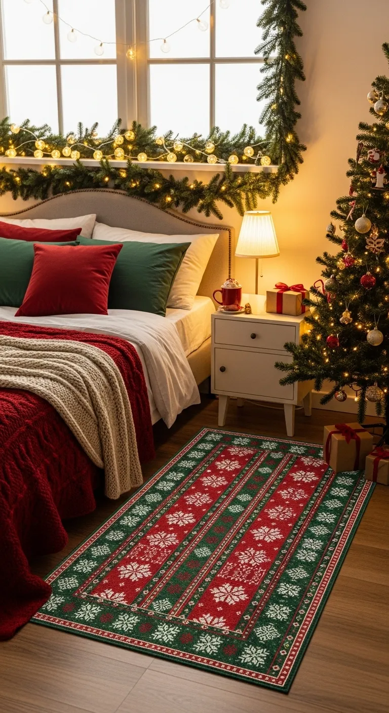 Add a festive holiday-themed rug next to the bed