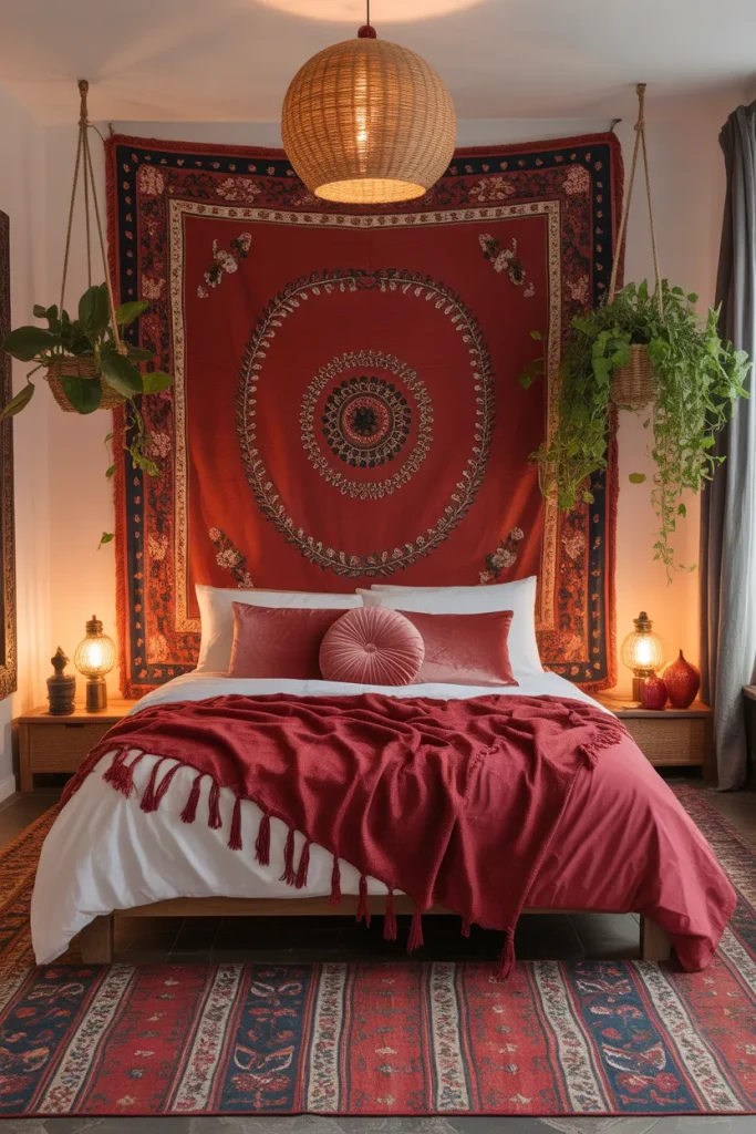 boho red textile layers red bedroom