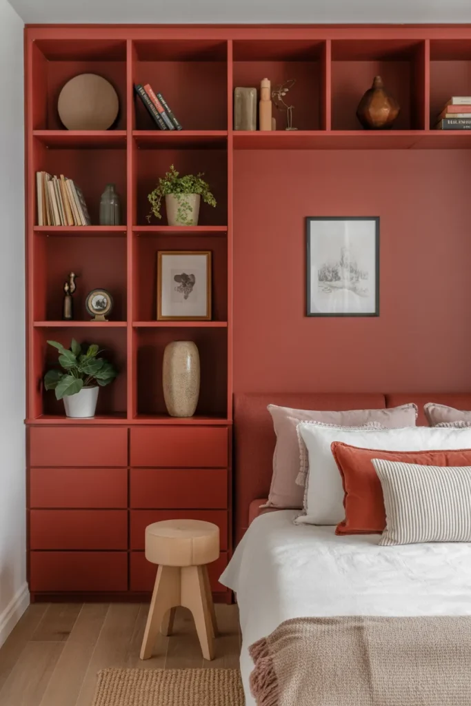 Brick-Red Built-In Shelving (small-space red bedroom ideas)