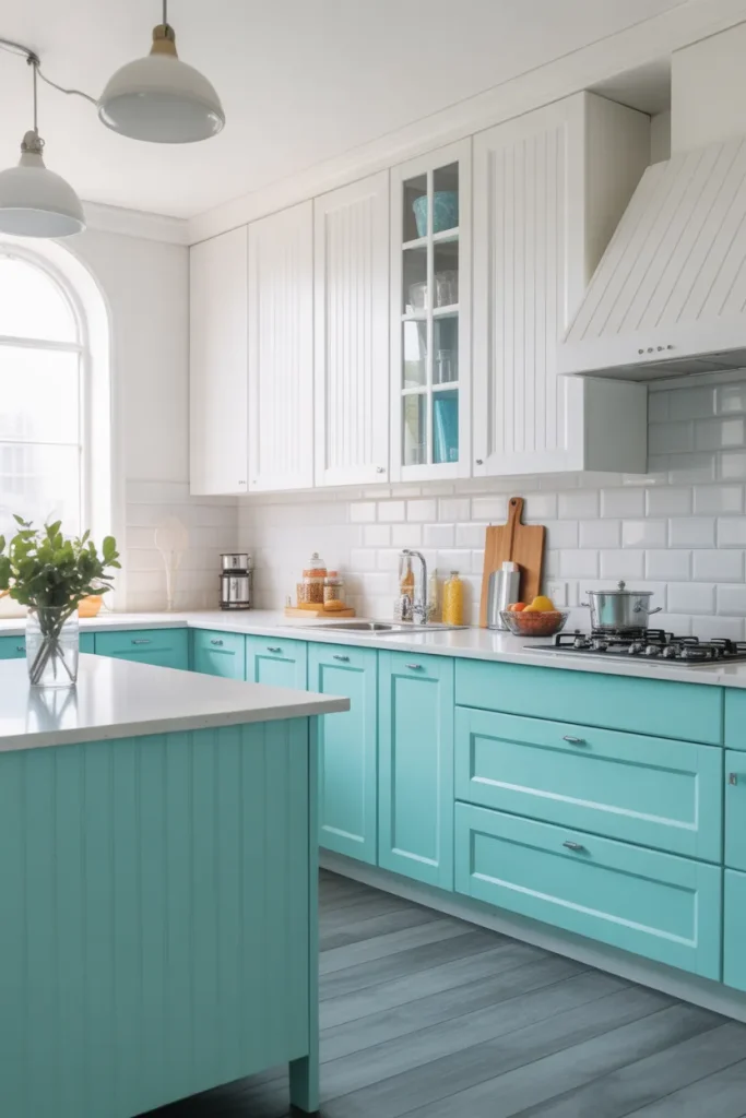 Bright Aqua with White Shaker Cabinets