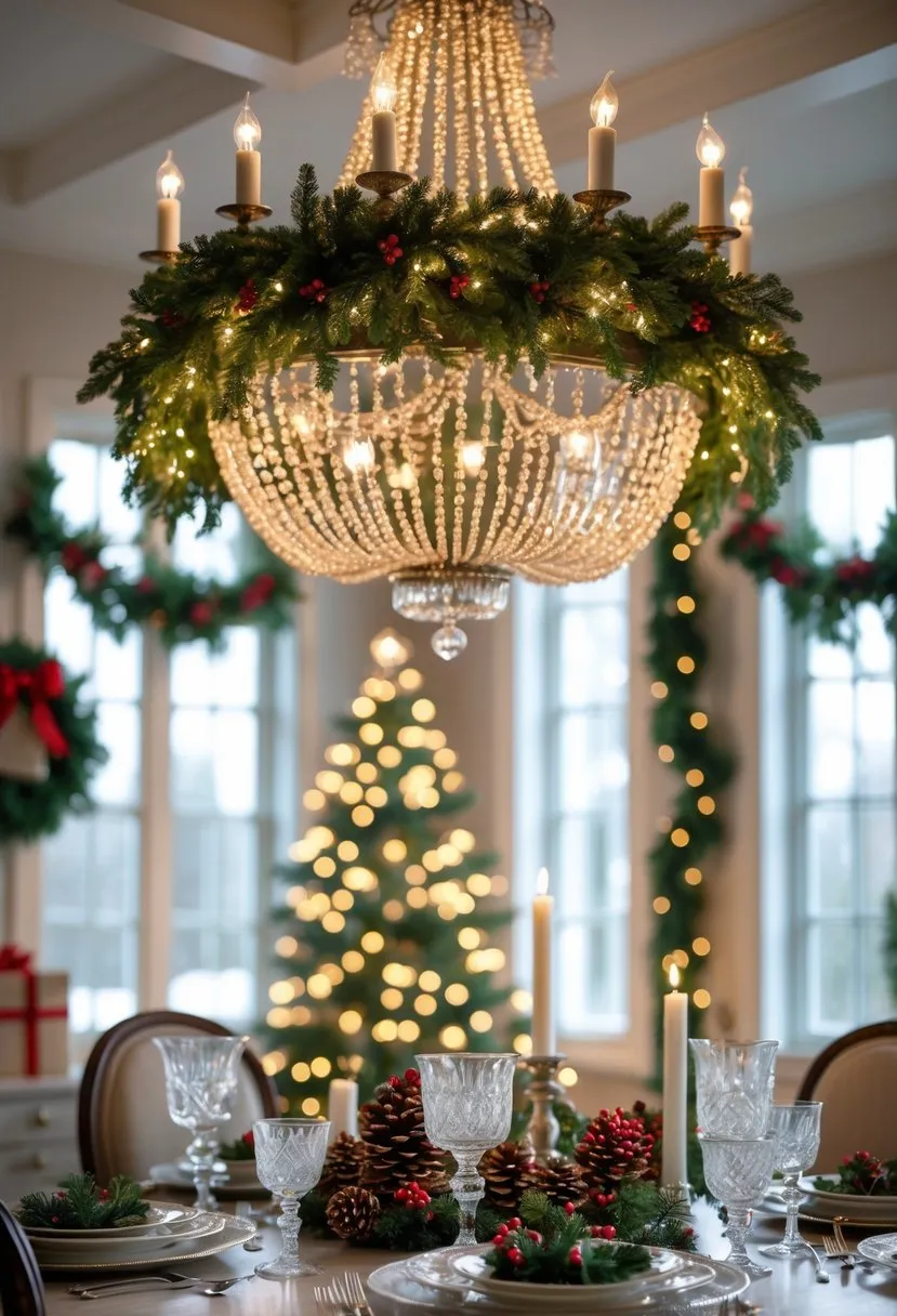Use string lights intertwined with garlands draped over the chandelier