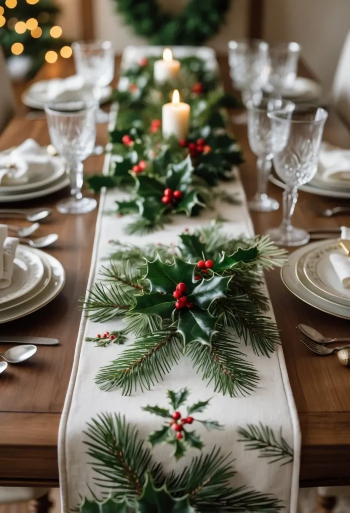 Add a festive runner with evergreen motifs to the dining table
