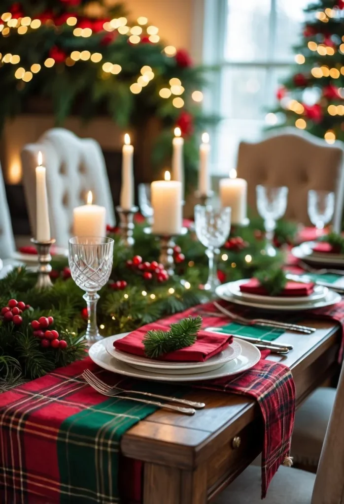  Place plaid table runners or napkins for a classic Christmas touch