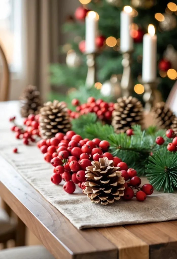 Scatter red berries and pine cones along the table runner