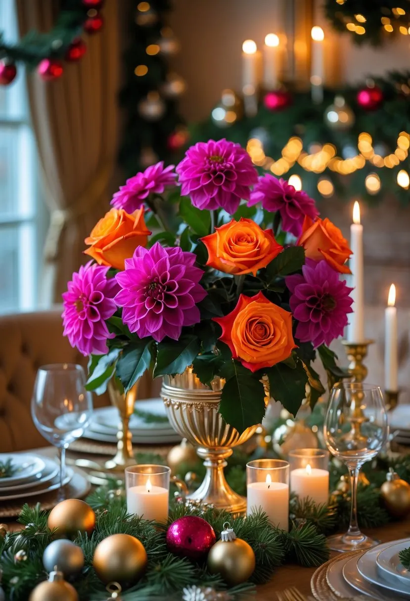  Use magenta dahlias and orange roses instead of traditional red flowers