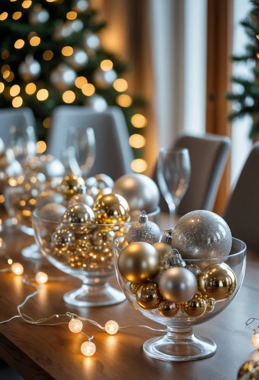  Display gold or silver ornaments in glass bowls on the dining table