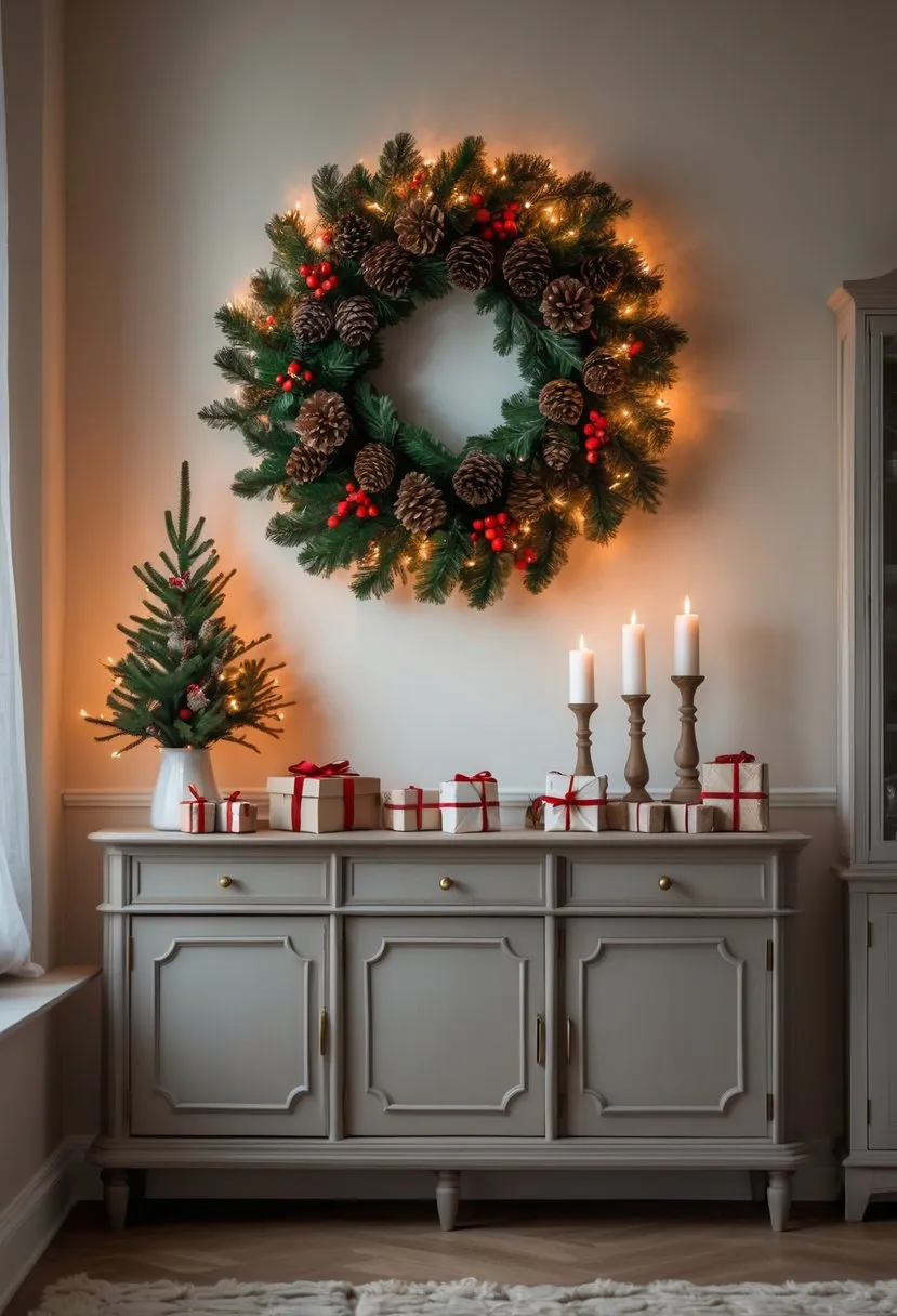  Hang a statement wreath above a sideboard or buffet table