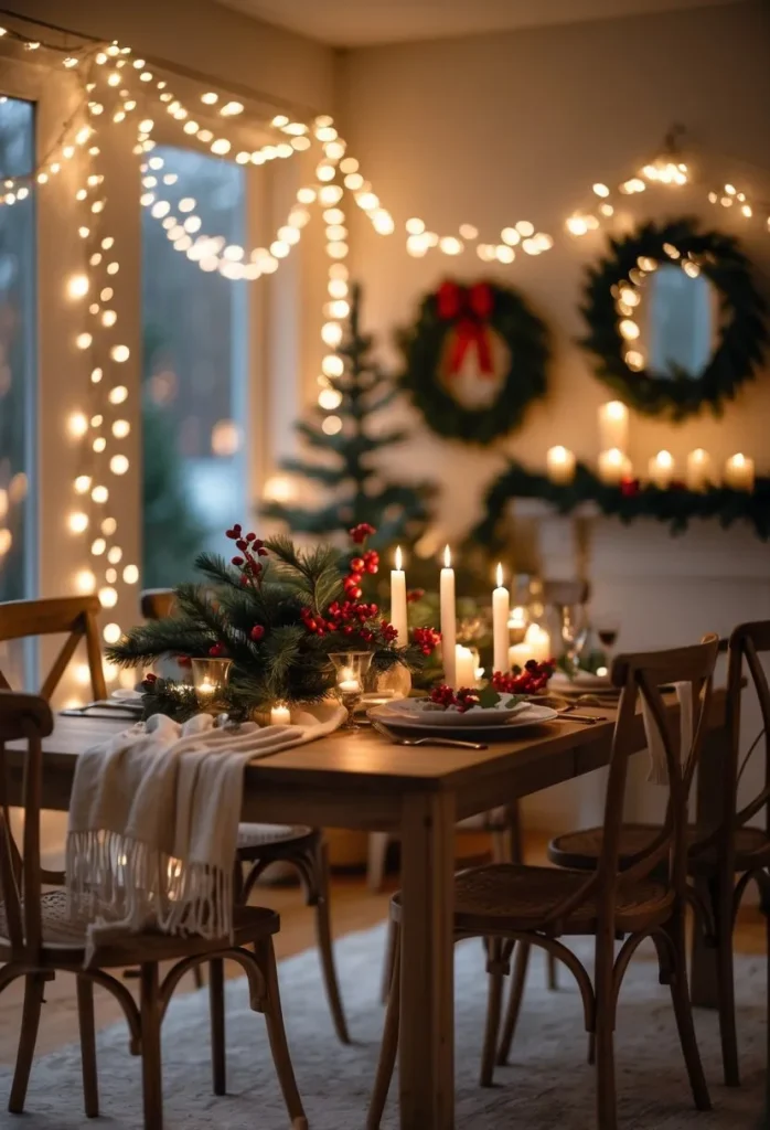  Drape warm white fairy lights around the dining room for a cozy glow