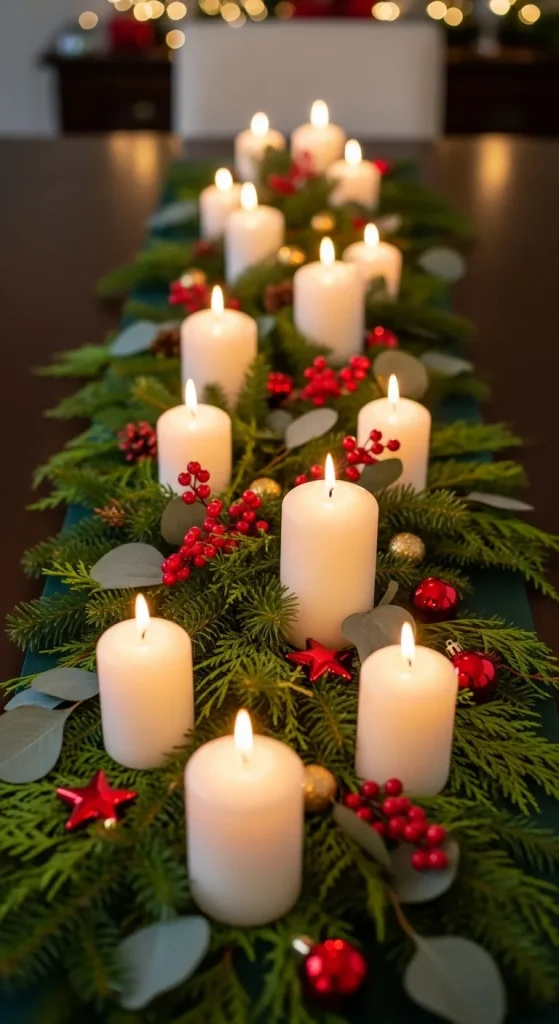 Festive Christmas Centerpieces for Table That Create a Warm & Inviting Holiday Look 3 Classic Candle & Greenery Runner