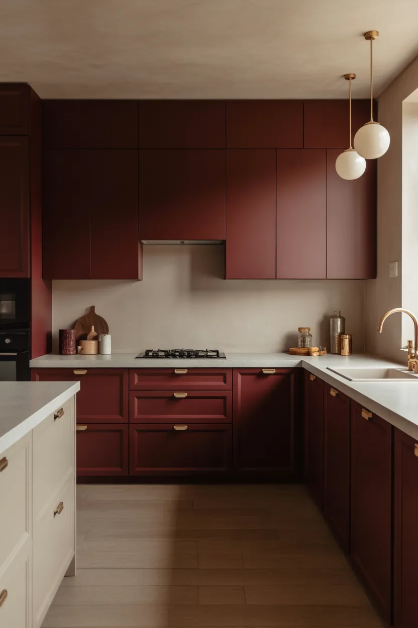 Deep Maroon Cabinets with Neutral Walls