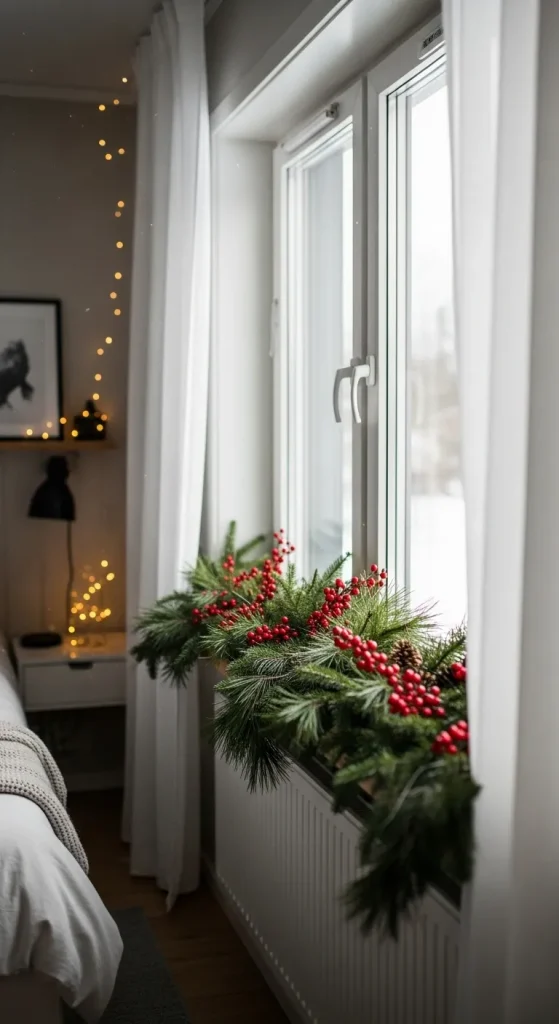 Drape a garland of pine and berries along the window sill