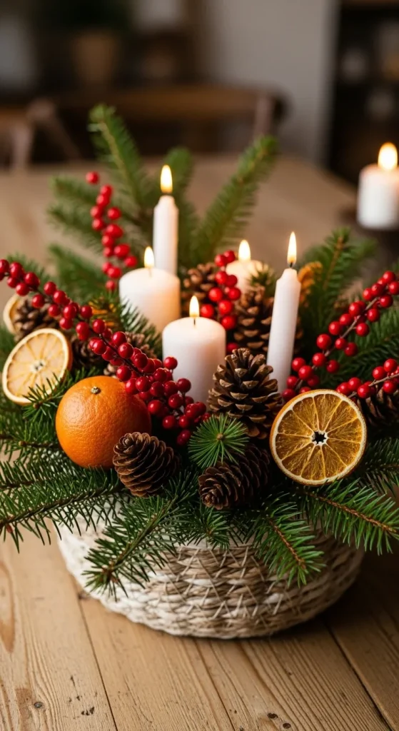 Festive Christmas Centerpieces for Table That Create a Warm & Inviting Holiday Look 11 Farmhouse Basket Beauty