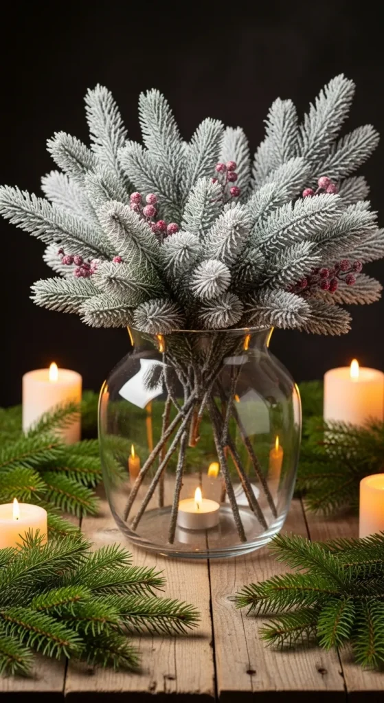 12 Magical Christmas Vase Ideas to Bring Festive Cheer to Every Room 9 Frosted Pine Branch Vases