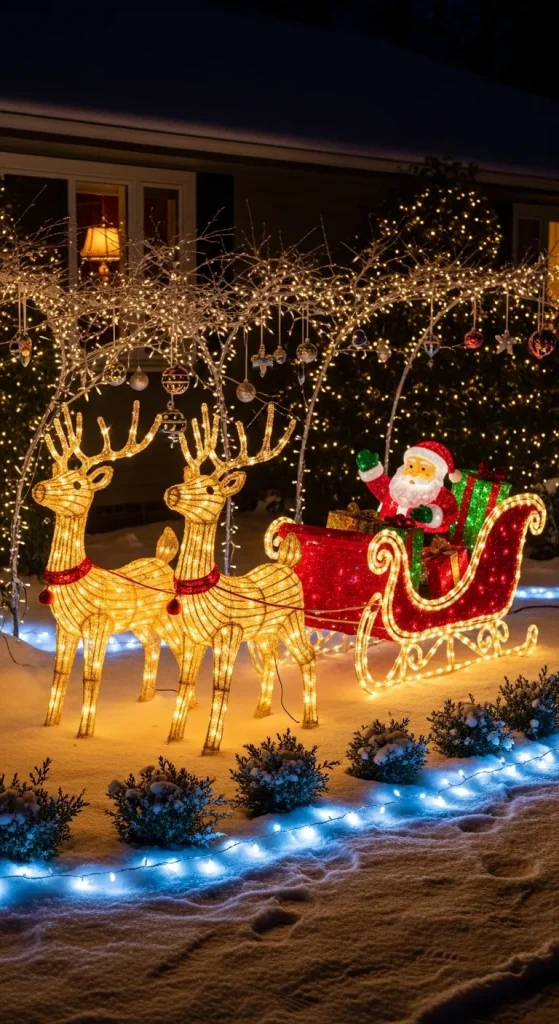 13 Stunning Outdoor Christmas Yard Décor Ideas That’ll Wow Your Neighbors 3 Glow-Up Reindeer & Sleigh Display