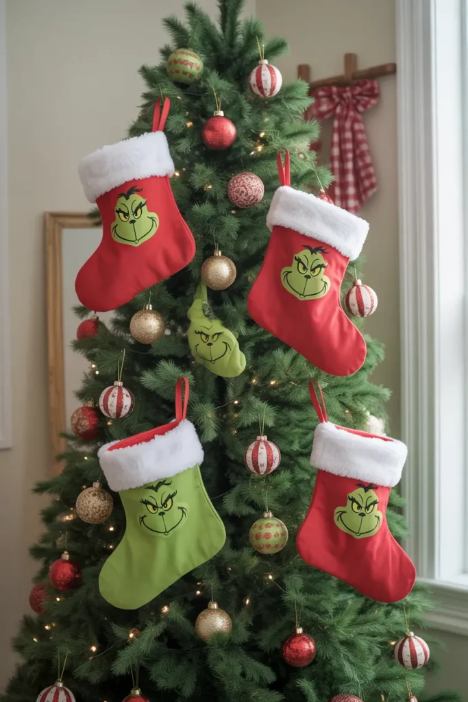 Grinch-Inspired Stockings on Tree