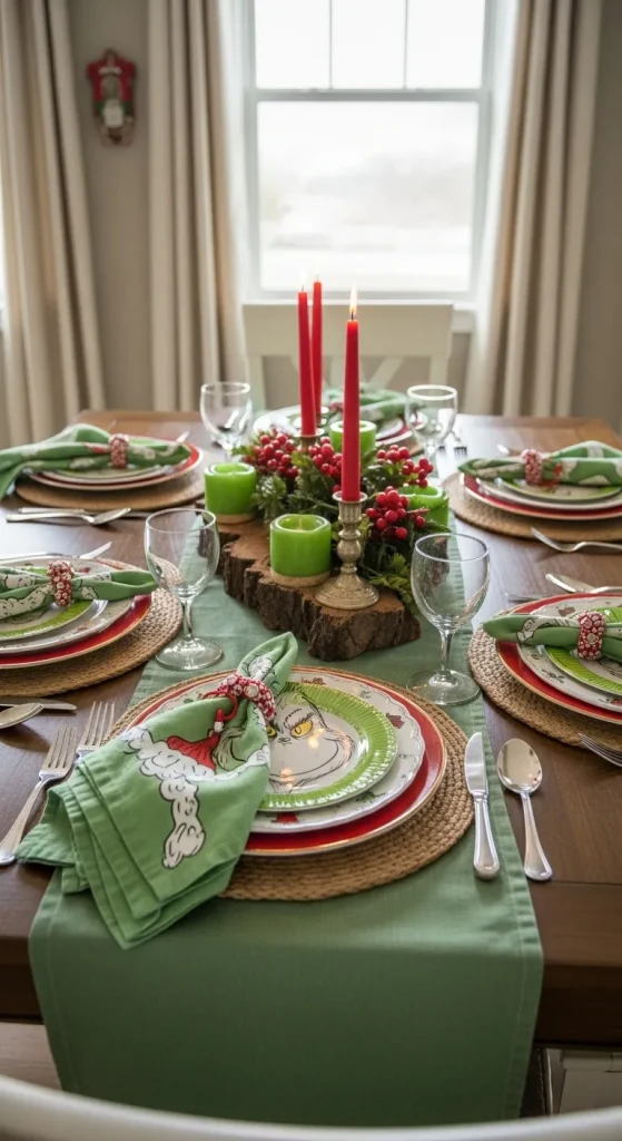 Grinch-Themed Table Settings for Christmas Dinner
