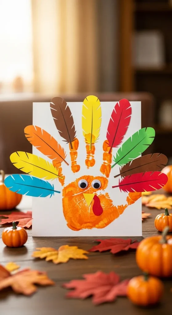 9 Cute & Creative Thanksgiving Crafts Preschoolers Can Make for Cozy Home Décor 3 Handprint Turkey Wall Art That Doubles as Family Keepsake