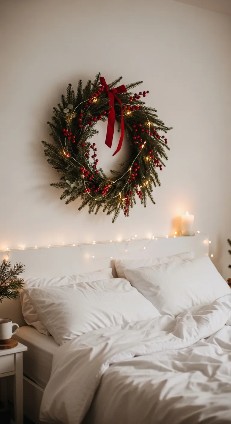 Hang a Christmas wreath above the headboard