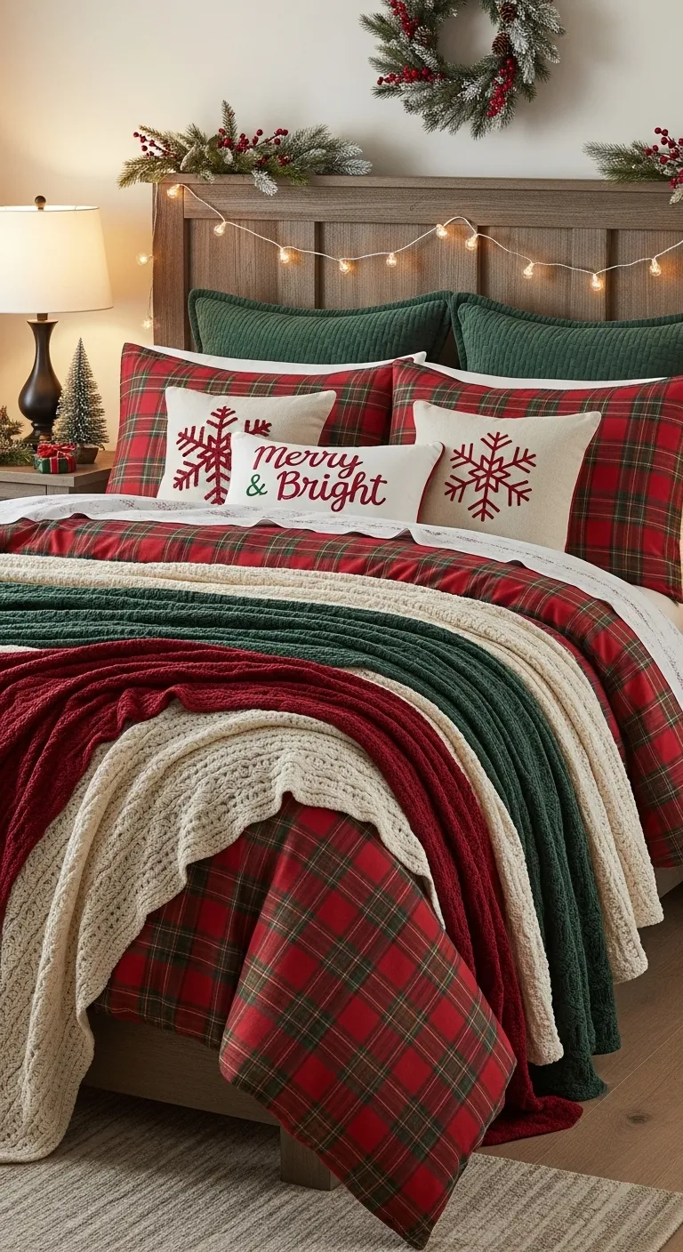 Incorporate a red and green plaid bedding set