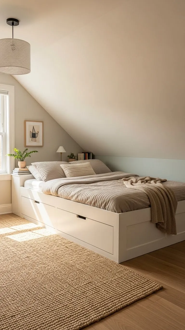 Low-Ceiling Master Attic with Built-in Platform Bed
