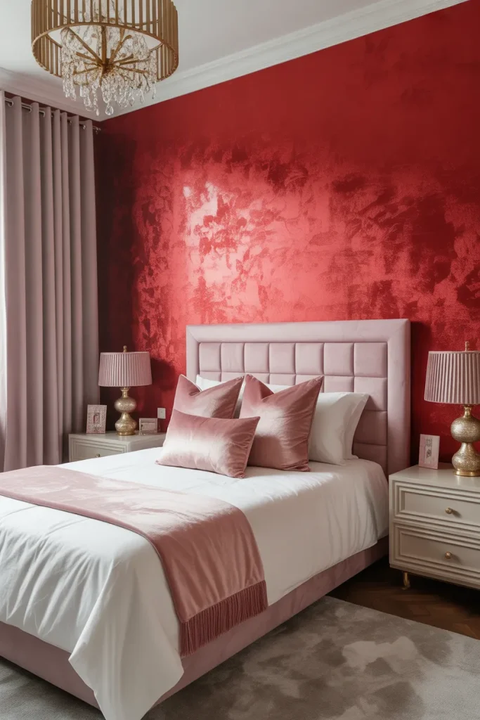 Metallic Red Feature Wall (red bedroom ideas for girls decor)