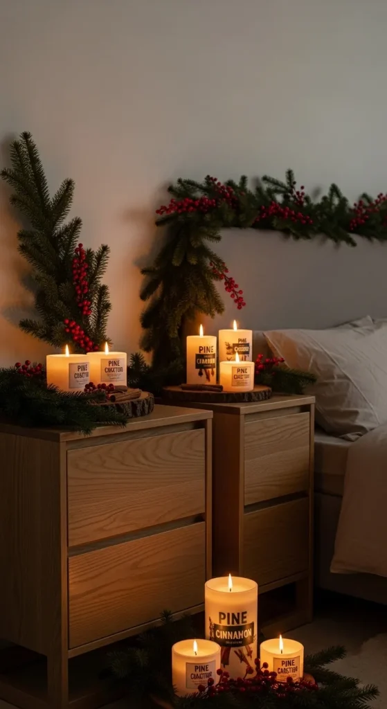 Place scented pine or cinnamon candles on bedside tables