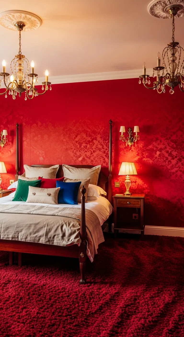 Red Silk Wallpaper & Carpet (red carpet bedroom ideas)