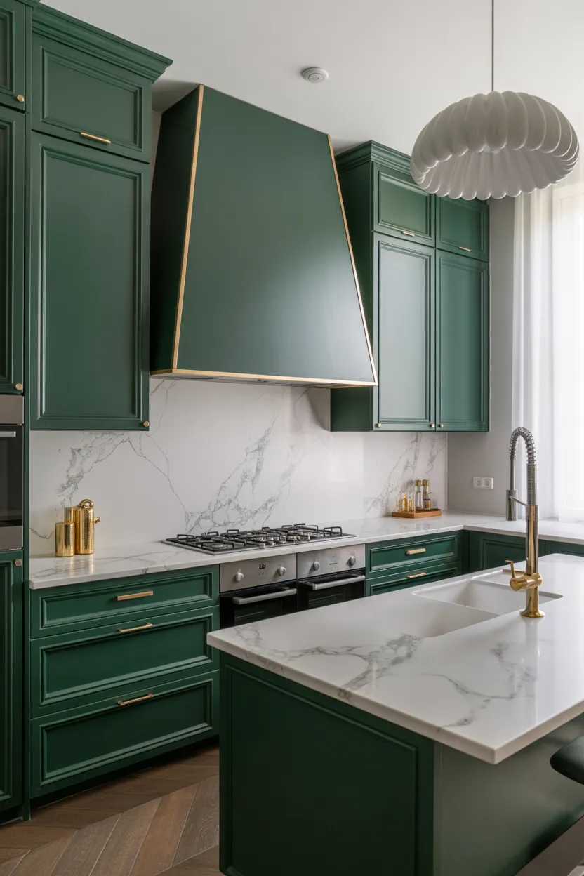 Rich Forest Green and Marble Countertops