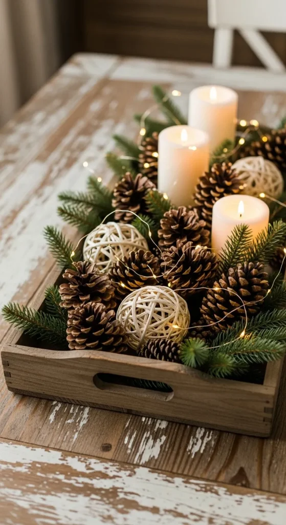 Festive Christmas Centerpieces for Table That Create a Warm & Inviting Holiday Look 4 Rustic Wooden Tray Centerpiece