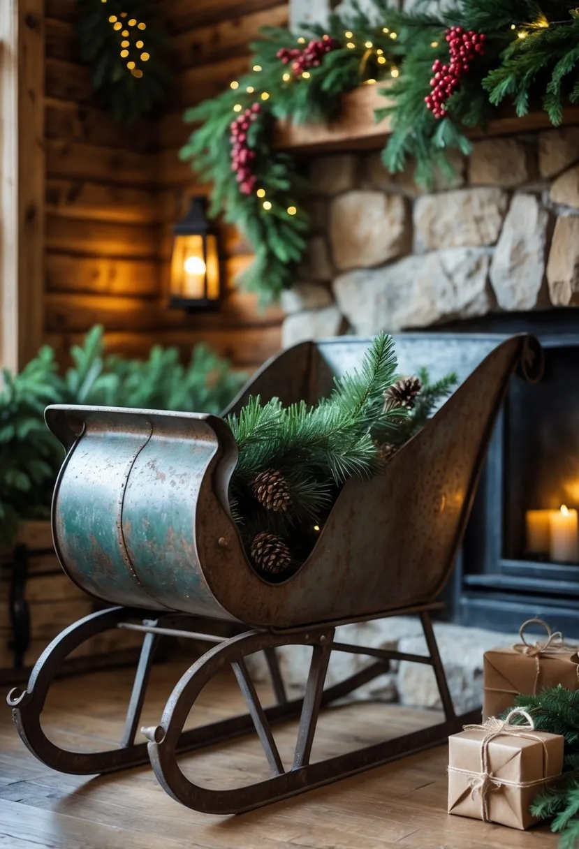 Antique metal sleigh decor