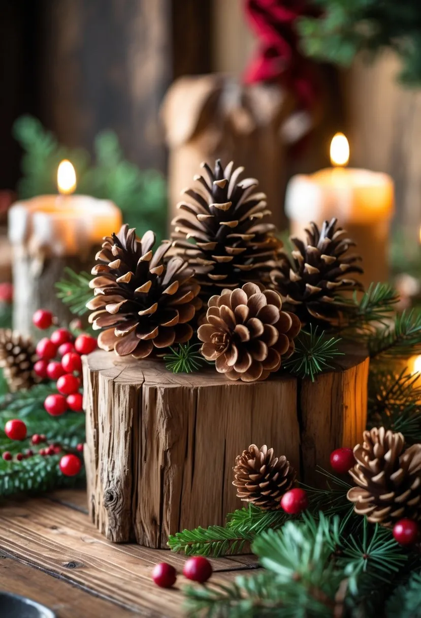 Natural wood centerpieces with pinecones