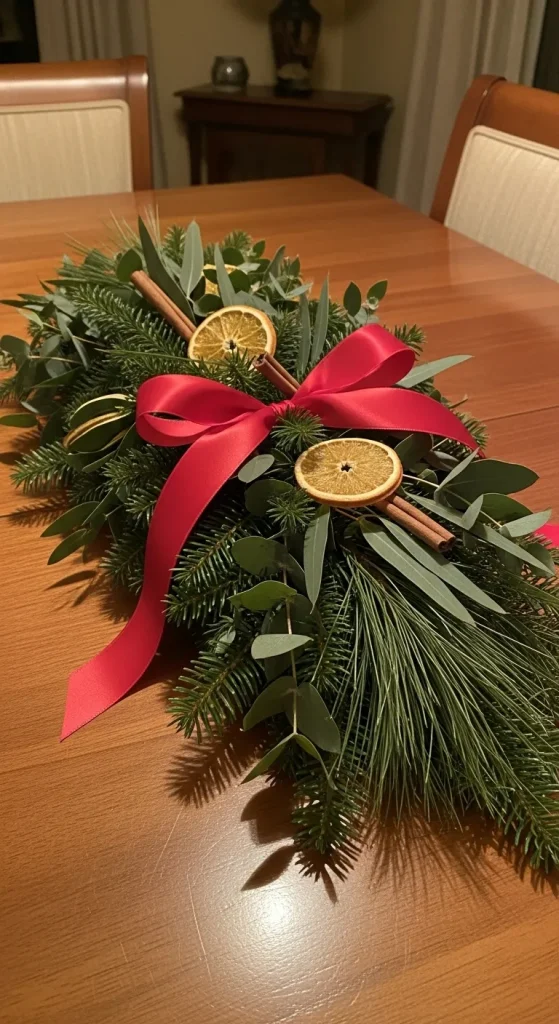 Simple Greenery and Red Ribbon Centerpiece